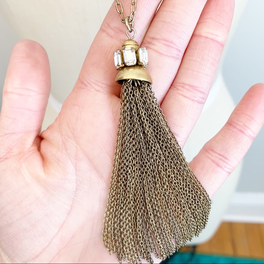 J Crew Long Gold Rhinestone Chain Tassel Necklace - Picture 3 of 6